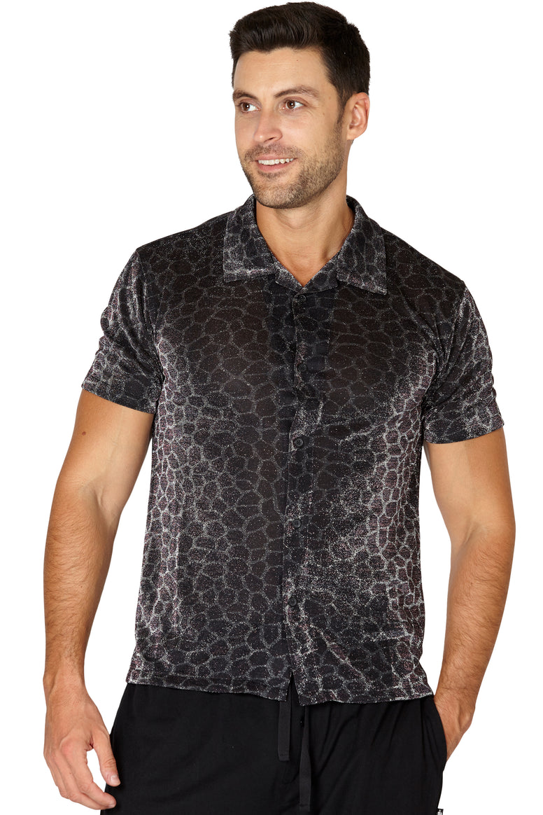 Mens' Animal Print Sparkle Button Up Sleep Shirt (Giraffe Black, Large)