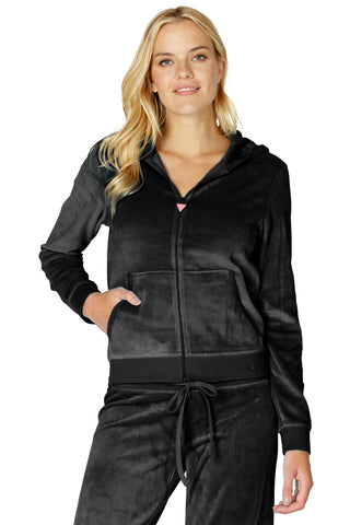 Womens Hooded Velour Sleep Top, Black, Small