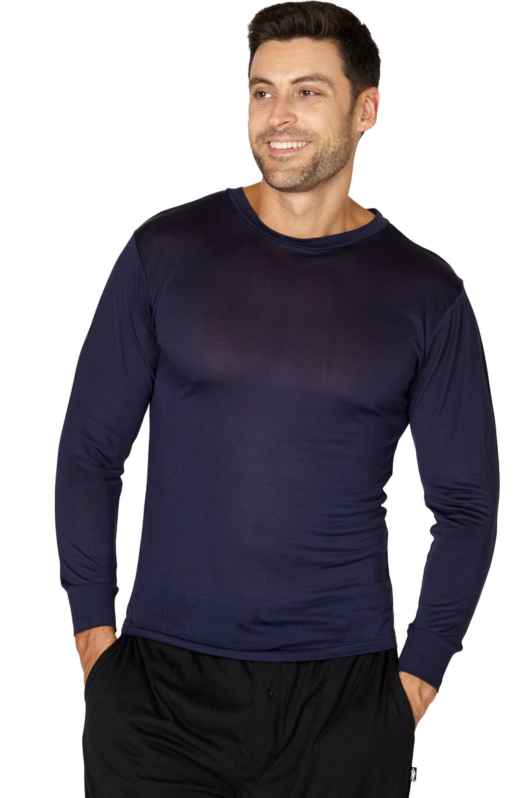 INTIMO Men's Classic Silk Long-Sleeve Pajama T-Shirt Loungewear (Navy, XX-Large)