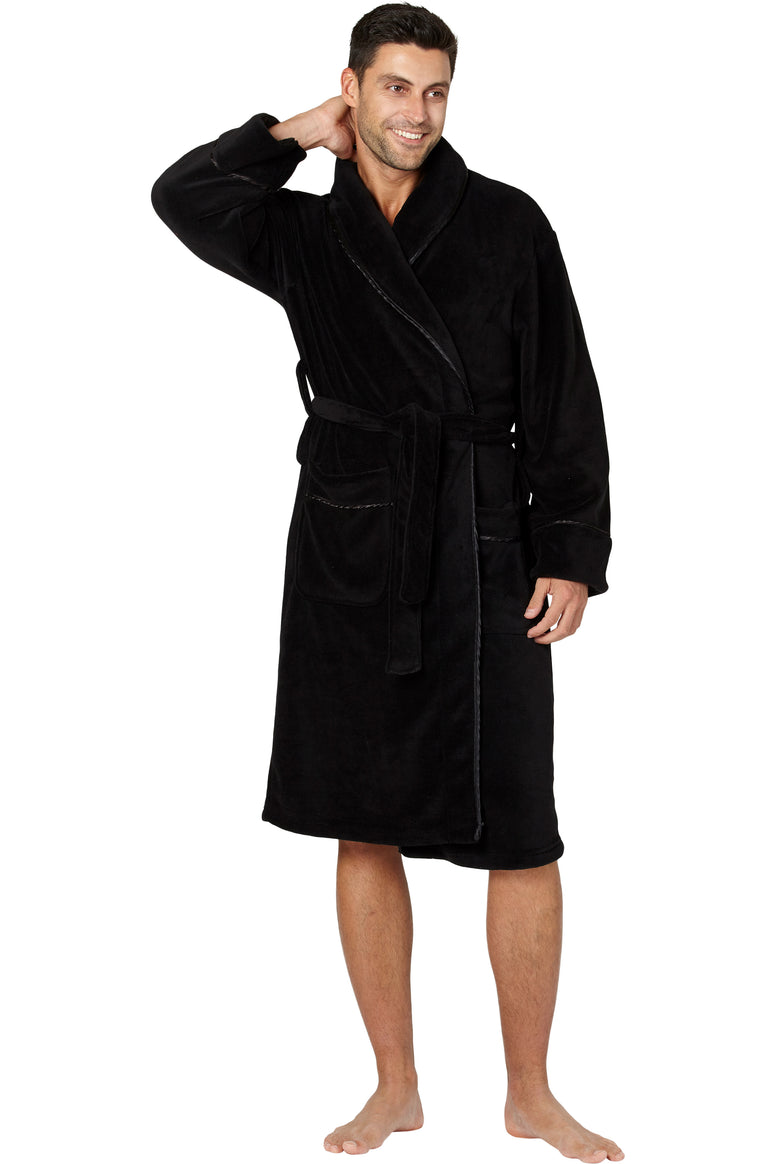 INTIMO Mens Alexander Julian Plush Robe with Satin Trim, Black, OneSize, One Size