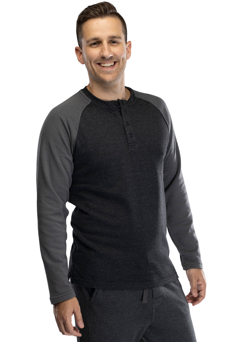 Intimo Mens Cotton Rayon Soft Fleece Henley Long Sleeve Shirt, Large Black