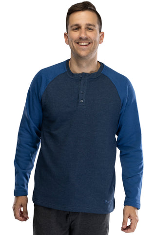 Intimo Mens Cotton Rayon Soft Fleece Henley Long Sleeve Shirt, Large Navy