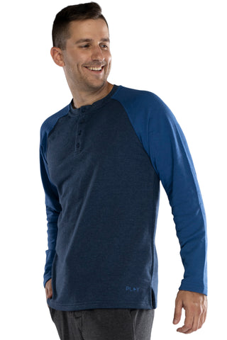 Intimo Mens Cotton Rayon Soft Fleece Henley Long Sleeve Shirt, Large Navy