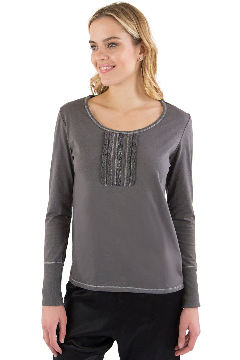 INTIMO Womens Ruffle Henley Pajama Sleep Top, Dark Gray Heather, L