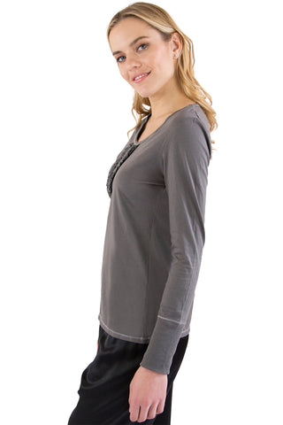 INTIMO Womens Ruffle Henley Pajama Sleep Top, Dark Gray Heather, L