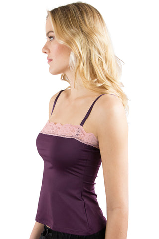 Intimo Womens Microfiber Camisole with Contrast Lace,Plum,Medium