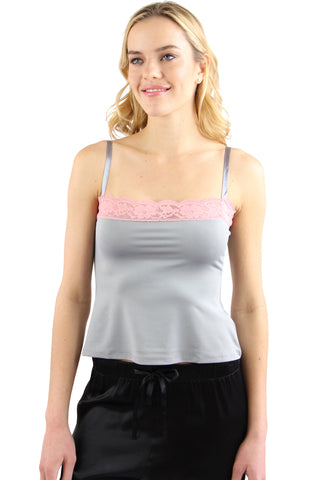 Intimo Womens Microfiber Camisole with Contrast Lace,Silver,Large