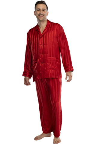 Intimo Mens Solid Jacquard Stripe Silk Pajama, Red, Large