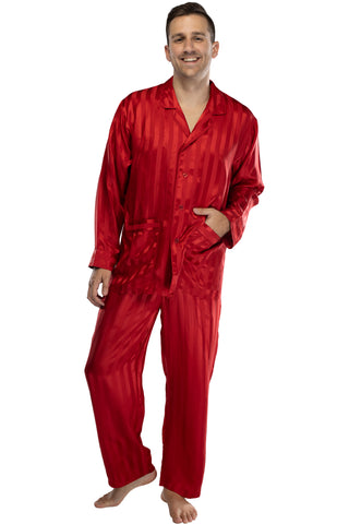 Intimo Mens Solid Jacquard Stripe Silk Pajama, Red, Large