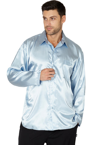 Intimo Mens Classic Satin Long Sleeve One Pocket Pajama Top, Blue, Large