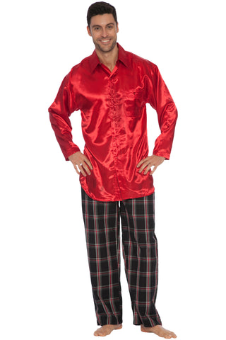 Intimo Mens Classic Satin Long Sleeve One Pocket Pajama Top, Red, X-Large