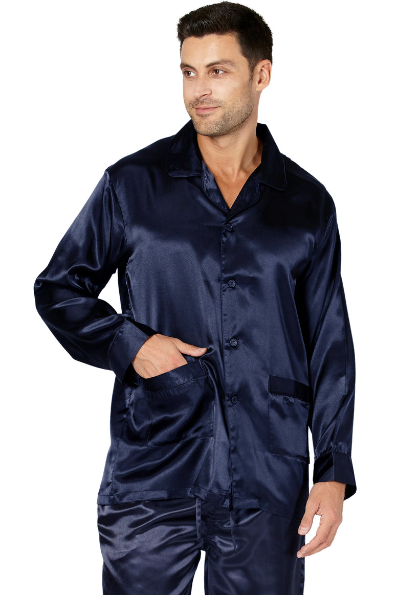 Intimo Mens Poly Charmeuse 2 Pocket Button Front Pajama Top, Navy, Medium