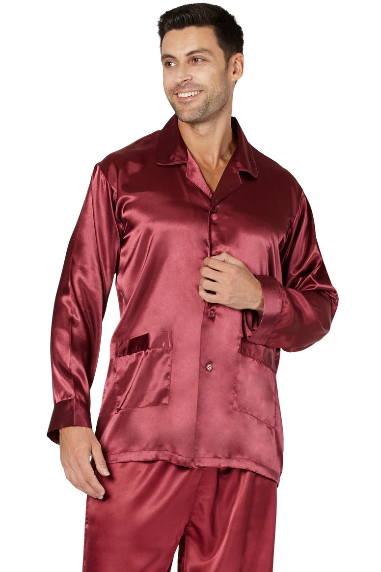 Intimo Mens Satin Pajama Sleep Top with Pockets, Maroon, Medium