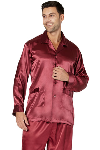 Intimo Mens Satin Pajama Sleep Top with Pockets, Maroon, Large