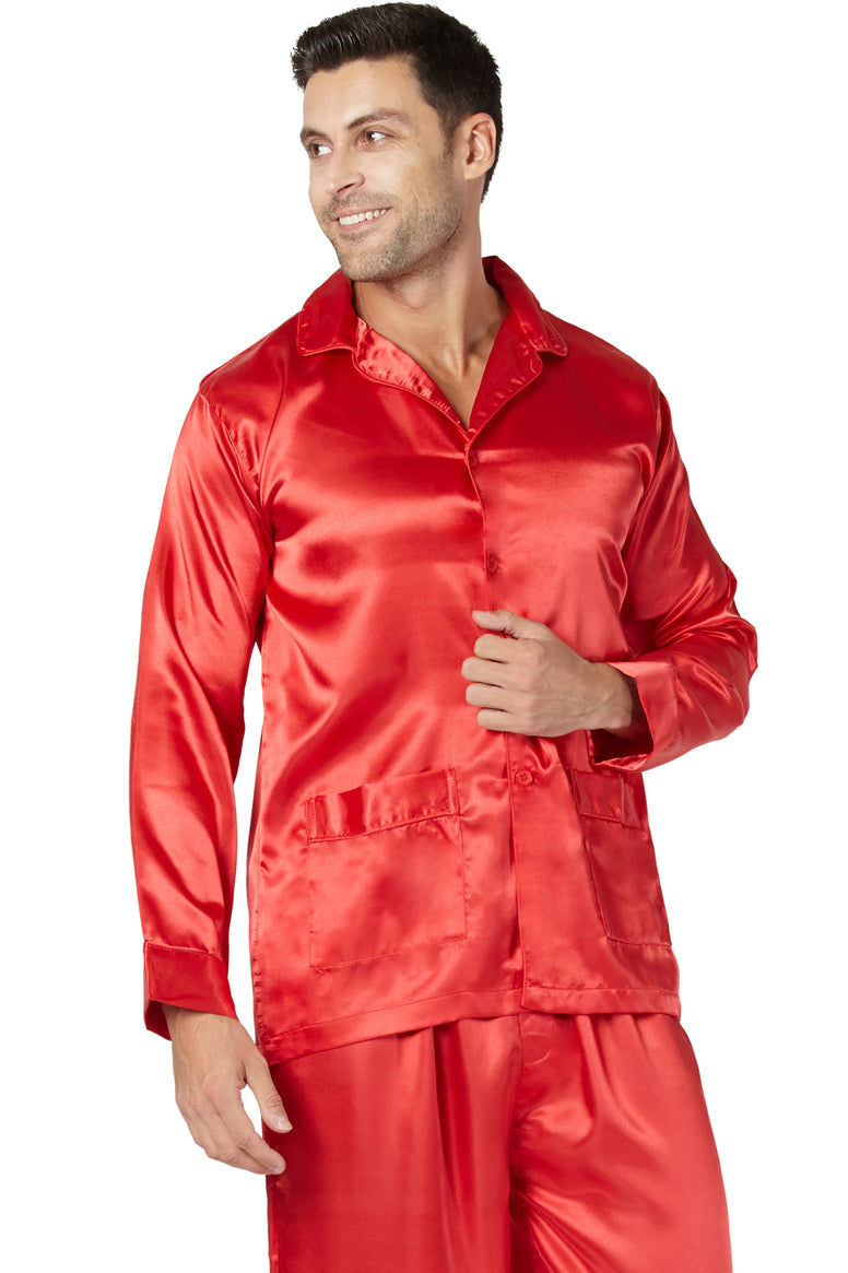 Intimo Mens Satin Pajama Sleep Top with Pockets, Red, Large