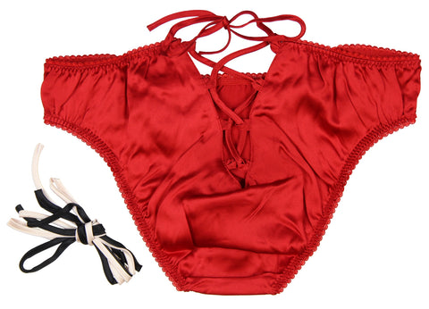 Womens Comfy Silk Lace Up Bikini Thong, Red, Medium